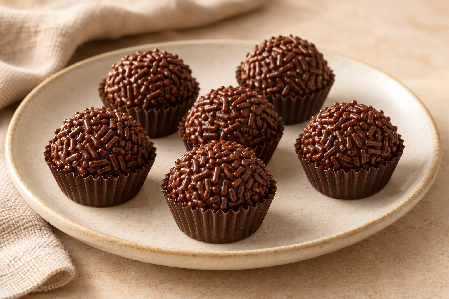 Ilustração de brigadeiros de chocolate em forminhas sobre um prato